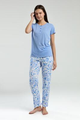 Arnetta Yazlık Açık Mavi Pijama Takım, Düğmeli Yaka, Kısakol, Cepli ve Baskılı - 2