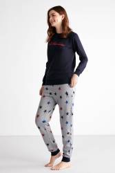 Bel Kol ve Paçası Manşetli 2 İplik Kışlık Kadın Pijama Takım, Üst Yazı Baskılı Alt Yıldız Baskılı - Thumbnail