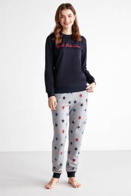 U.S Polo Assn - Bel Kol ve Paçası Manşetli 2 İplik Kışlık Kadın Pijama Takım, Üst Yazı Baskılı Alt Yıldız Baskılı