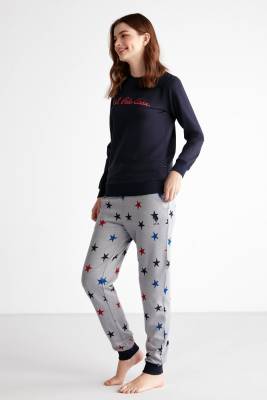 U.S Polo Assn - Bel Kol ve Paçası Manşetli 2 İplik Kışlık Kadın Pijama Takım, Üst Yazı Baskılı Alt Yıldız Baskılı (1)