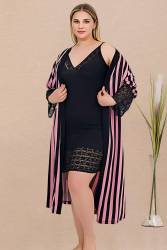 Büyük Beden Kadın Aakılı Siyah Gecelik ve Pembe Siyah Çizgili Sabahlık Takım, Viskon Kumaş