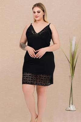 REN - Büyük Beden Kadın Aakılı Siyah Gecelik ve Pembe Siyah Çizgili Sabahlık Takım, Viskon Kumaş (1)