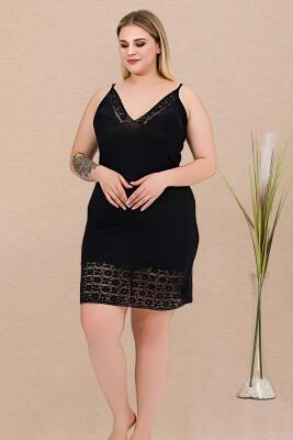 Büyük Beden Kadın Aakılı Siyah Gecelik ve Pembe Siyah Çizgili Sabahlık Takım, Viskon Kumaş - 2