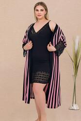 Büyük Beden Kadın Aakılı Siyah Gecelik ve Pembe Siyah Çizgili Sabahlık Takım, Viskon Kumaş