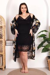 REN - Büyük Beden Kadın Dantel Gecelik Çiçekli Sabahlık Takım, Viskon Kumaş