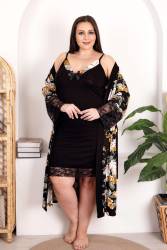 Büyük Beden Kadın Gecelik Sabahlık Takım, Viskon Kumaş - Thumbnail