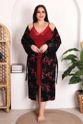 REN - Büyük Beden Kadın Bordo Gecelik Siyah Çiçek Baskılı Sabahlık Takım, Viskon Kumaş