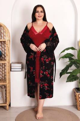 REN - Büyük Beden Kadın Bordo Gecelik Siyah Çiçek Baskılı Sabahlık Takım, Viskon Kumaş