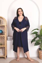 REN - Büyük Beden Kadın Lacivert Dantel Detaylı Gecelik Sabahlık Takım, Viskon Kumaş