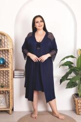 Büyük Beden Kadın Lacivert Dantel Detaylı Gecelik Sabahlık Takım, Viskon Kumaş - 1