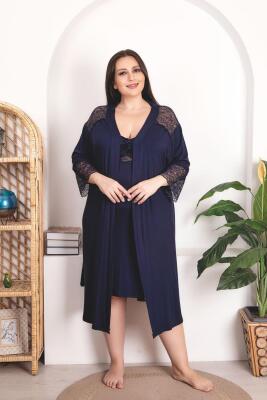 Büyük Beden Kadın Lacivert Dantel Detaylı Gecelik Sabahlık Takım, Viskon Kumaş - 1