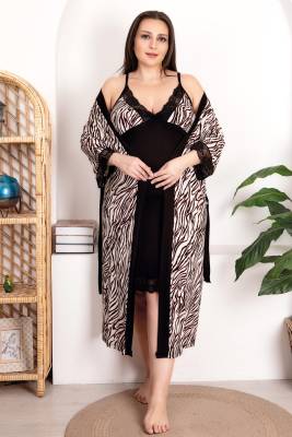 REN - Büyük Beden Kadın Leopar Desenli Gecelik Sabahlık Takım, Viskon Kumaş