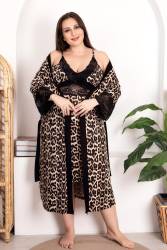 Büyük Beden Kadın Leopar Desenli Gecelik Sabahlık Takım, Viskon Kumaş - Thumbnail