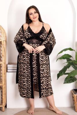 REN - Büyük Beden Kadın Leopar Desenli Gecelik Sabahlık Takım, Viskon Kumaş