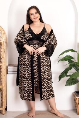 Büyük Beden Kadın Leopar Desenli Gecelik Sabahlık Takım, Viskon Kumaş - 1