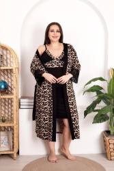 REN - Büyük Beden Kadın Leopar Gecelik Sabahlık Takım, Viskon Kumaş