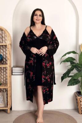 REN - Büyük Beden Kadın Siyah Renk Baskılı Gecelik Sabahlık Takım, Viskon Kumaş