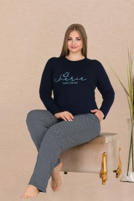 REN - Büyük Beden Uzun kol Kadın Lacivert Pijama Takım, Cep Detaylı, Viskon Kumaş 