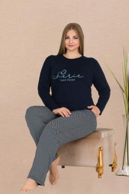 Büyük Beden Uzun kol Kadın Lacivert Pijama Takım, Cep Detaylı, Viskon Kumaş  - 1
