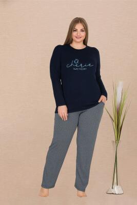 Büyük Beden Uzun kol Kadın Lacivert Pijama Takım, Cep Detaylı, Viskon Kumaş  - 2