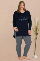 Büyük Beden Uzun kol Kadın Lacivert Tunik Pijama Takım, Büyük Beden Ev Giyim, Viskon Kumaş  - 2
