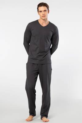Cacharel - Cacharel Erkek V Yaka Uzunkol Pijama Takım, %50 Modal, %50 Pamuk Alt Pijama ceplidir