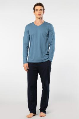 Cacharel Erkek V Yaka Uzunkol Pijama Takım, %50 Modal, %50 Pamuk Alt Pijama ceplidir - 11