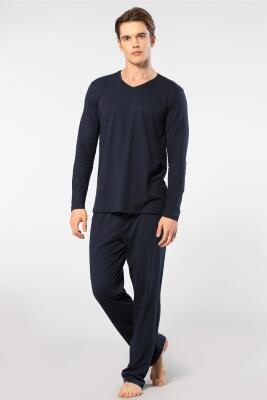 Cacharel Erkek V Yaka Uzunkol Pijama Takım, %50 Modal, %50 Pamuk Alt Pijama ceplidir - 12