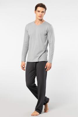 Cacharel Erkek V Yaka Uzunkol Pijama Takım, %50 Modal, %50 Pamuk Alt Pijama ceplidir - 5