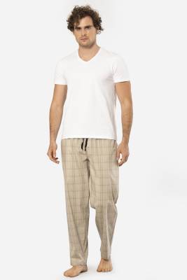 Cacharel - Cacharel V Yaka Kısa Kol T-shirt ve Cepli Ekoseli Alt Pijama Takım