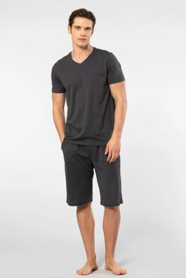 Cacharel V Yaka T-shirt ve Cepli Bermuda Şort Takım, %50 Pamuk %50 Modal - 1
