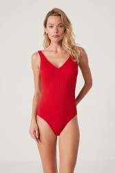 Çizgi Dokulu V Yaka Balensiz Toparlayıcı Mayo - Thumbnail