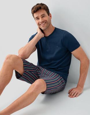 Erkek %100 Pamuk 3’lü Pijama Takımı – Kısa Kollu Üst + Cepli Uzun Pantolon + Cepli Şort - 1