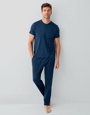 Erkek %100 Pamuk 3’lü Pijama Takımı – Kısa Kollu Üst + Cepli Uzun Pantolon + Cepli Şort - 4