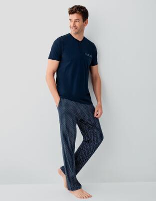 Erkek %100 Pamuk Düğmeli Yaka Pijama Takımı – Kısa Kollu Düğmeli Yaka Üst & Cepli Desenli Uzun Alt - 2