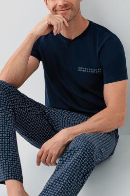 Erkek %100 Pamuk Düğmeli Yaka Pijama Takımı – Kısa Kollu Düğmeli Yaka Üst & Cepli Desenli Uzun Alt - 3