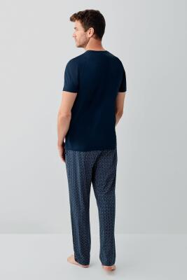 Erkek %100 Pamuk Düğmeli Yaka Pijama Takımı – Kısa Kollu Düğmeli Yaka Üst & Cepli Desenli Uzun Alt - 4