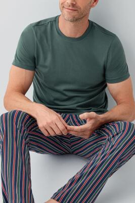 Erkek %100 Pamuk Kısa Kollu Pijama Takımı – Cepli Çizgili Alt, Kısakol Üst, Rahat Kalıp - 3