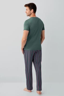 Erkek %100 Pamuk Kısa Kollu Pijama Takımı – Cepli Çizgili Alt, Kısakol Üst, Rahat Kalıp - 4