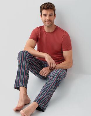 Erkek %100 Pamuk Kısa Kollu Pijama Takımı – Cepli Çizgili Alt, Kısakol Üst, Rahat Kalıp - 5