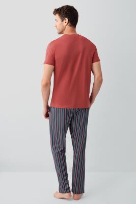 Erkek %100 Pamuk Kısa Kollu Pijama Takımı – Cepli Çizgili Alt, Kısakol Üst, Rahat Kalıp - 8