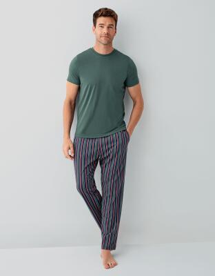 Erkek %100 Pamuk Kısa Kollu Pijama Takımı – Cepli Çizgili Alt, Kısakol Üst, Rahat Kalıp - 2