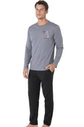 Erkek %100 Pamuk Penye Pijama Takım, Bisiklet Yakalı, Uzunkol Pijama Takım - Thumbnail