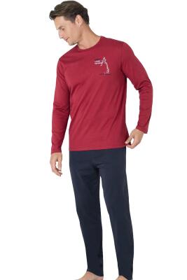 Erkek %100 Pamuk Penye Pijama Takım, Bisiklet Yakalı, Uzunkol Pijama Takım - 1