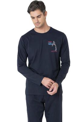 Erkek %100 Pamuk Penye Pijama Takım, Bisiklet Yakalı, Uzunkol Pijama Takım - 3