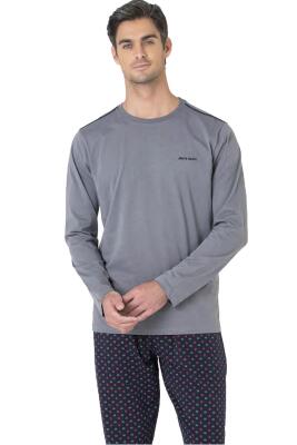 Erkek %100 Pamuk Pijama Takım, Alt Desenli, Bisiklet Yakalı, Uzunkol Pijama Takım - 2