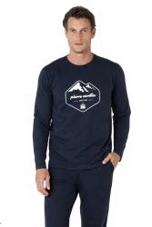 Erkek %100 Pamuk Pijama Takım, Bisiklet Yakalı, Uzunkol Pijama Takım - Thumbnail