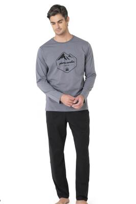 Erkek %100 Pamuk Pijama Takım, Bisiklet Yakalı, Uzunkol Pijama Takım - 1