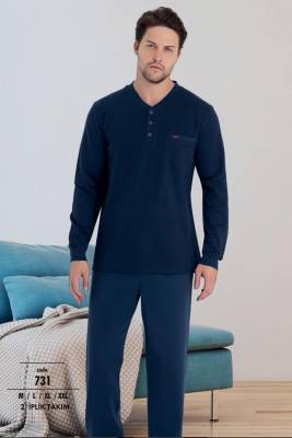 Erse - Erkek %100 Pamuk Pijama Takım, Uzunkol Manşet Kol 2 İplik Dokuma