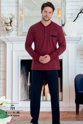 Erkek %100 Pamuk Pijama Takım, Uzunkol Manşet Kol 2 İplik Dokuma - 1
